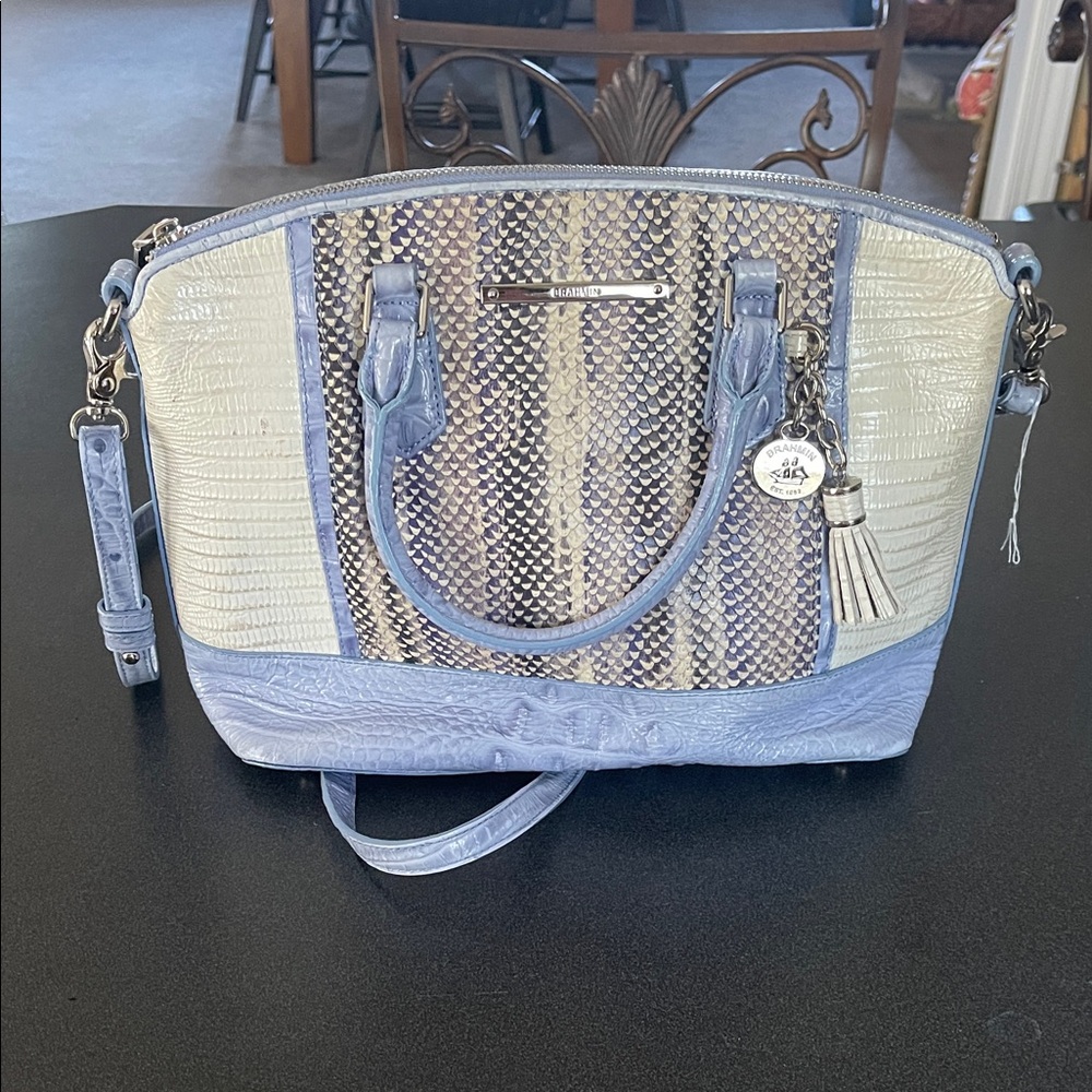 Brahmin Dome Satchel Handbag in Light Blue and Cream
